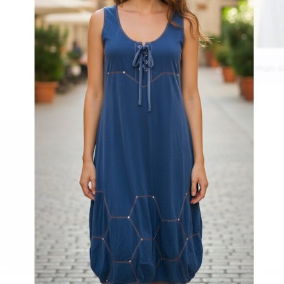 Indies Blue Sundress Lace Up Bodice Balloon Skirt Rivet Detail Size M - Picture 1 of 9